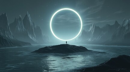 In the center of an ocean, there is a small island with mountains on it. The moon shines brightly in front of and around it, creating a circular halo effect.