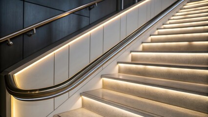 A closeup of the clean sleek profile of a staircase where LED strip lighting is seamlessly integrated into the handrail highlighting its shape while providing ambient light.