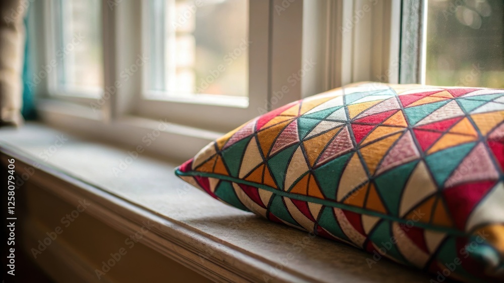 Aufkleber A closeup of the corner of a window seat featuring a plush cushion with a geometric pattern highlighting the contrast between the vibrant colors and the natural light filtering