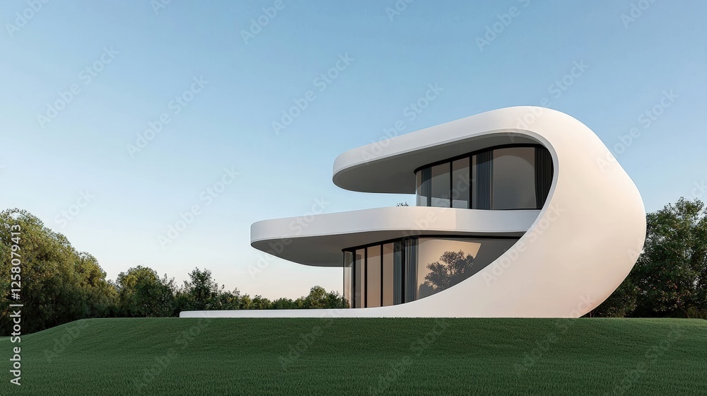 Poster modern architectural design featuring a unique curved structure.