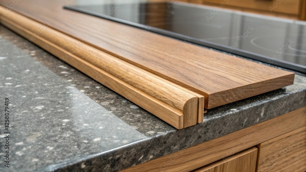 Poster a closeup of the contrasting materials where a wooden retractable extension meets a polished stone s