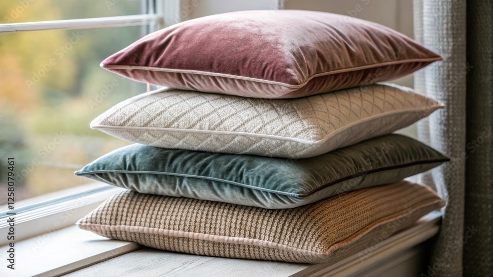 Poster A closeup of the cushions piled on a window seat showcasing various fabrics such as velvet linen and knit creating a visually appealing layered effect.