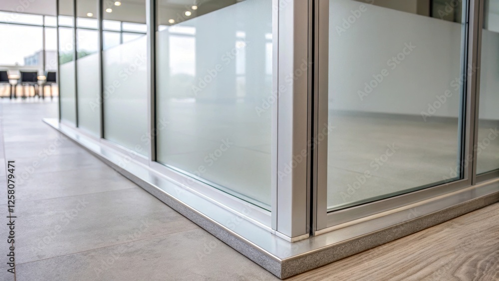 Poster a closeup of the edge of a frosted smart glass partition highlighting its seamless installation and 