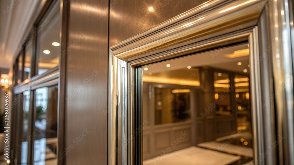 Poster A closeup of the finish on a mirrored doors edge displaying the polished frame and reflecting the light enhancing the rooms ambiance.