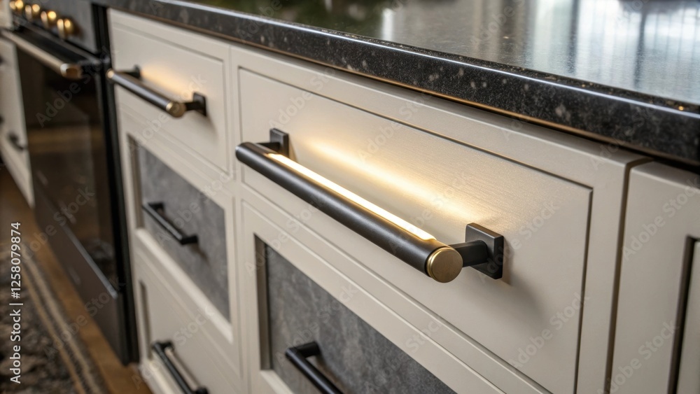 Poster a closeup of the illuminated handle against different finishes such as brushed nickel and matte blac