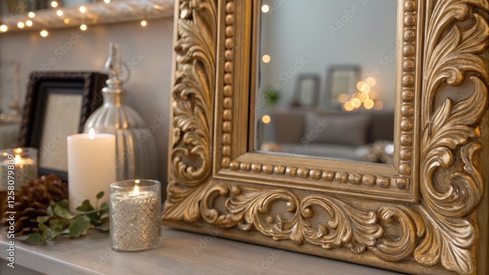 Poster a closeup of the intricate detailing of a vintage mirror frame with light glinting off its edges and