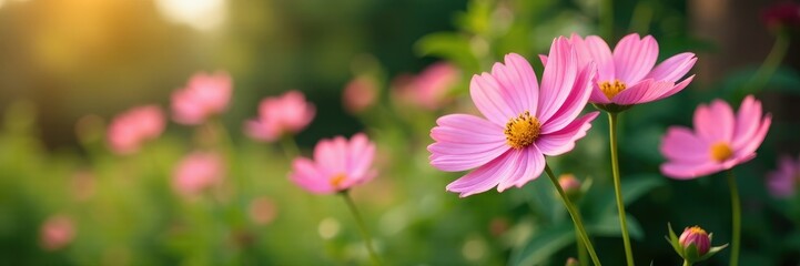 Fototapeta premium Delicate pink cosmos flowers swaying gently in the garden breeze, tropical, garden