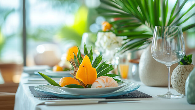 Modern coastal brunch table with fresh seafood, tropical fruits, and elegant serving dishes for travel blogs, resort branding, and upscale dining promotions.