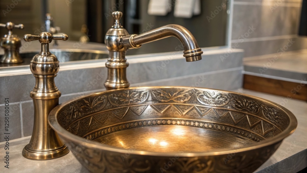 Aufkleber A closeup of the intricate faucet design above a shining metallic vessel sink showing the craftsmanship while emphasizing the modern fixtures role in enhancing the sinks visual
