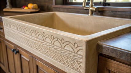 A closeup of the intricate grooves on the sides of a handmade farmhouse sink emphasizing the artisanal details that elevate its design and durability.