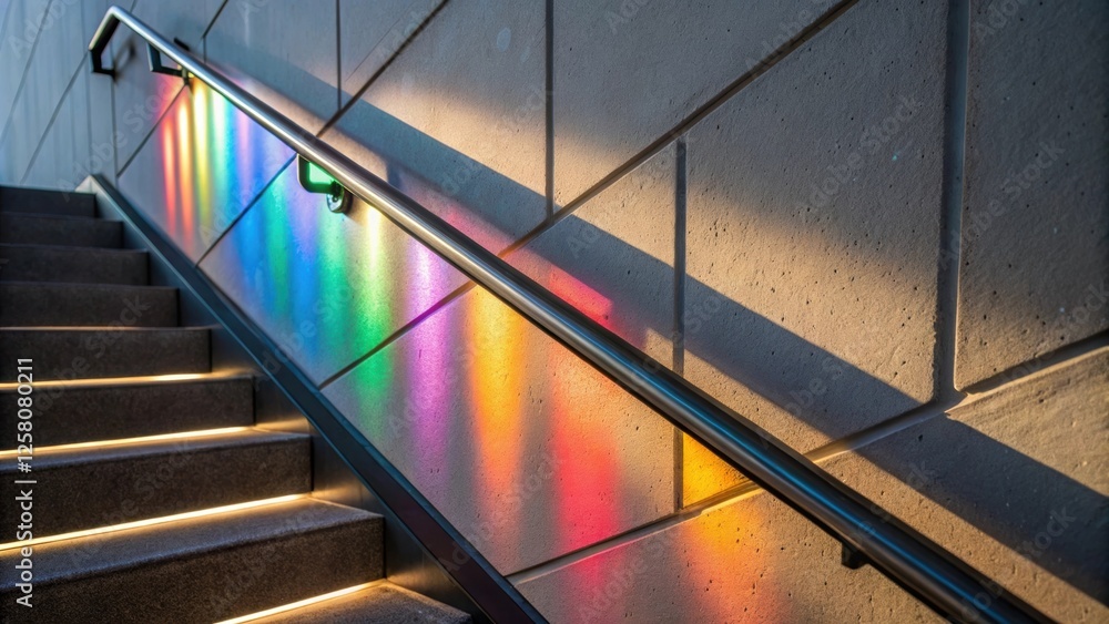 Poster a closeup of the light emitting from the handrail casting colorful shadows on the staircase wall und