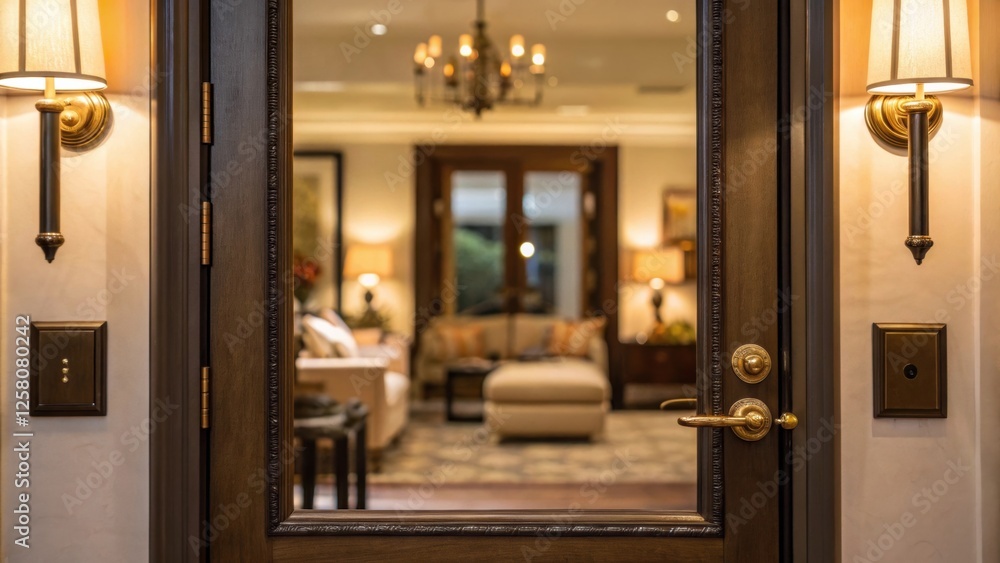 Poster A closeup of the reflection in a mirrored door showing a cozy living space with soft lighting and decor emphasizing how mirrors can transform a rooms feel.