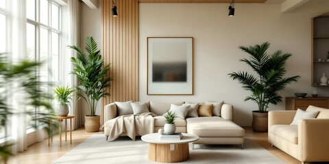 Modern apartment living room design, sunlight, plants. Interior design inspiration (1)