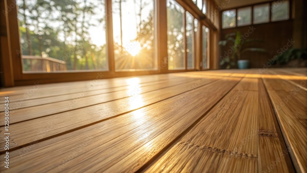 Poster a closeup of the surface of a bamboo plank as sunlight filters through a window highlighting the smo