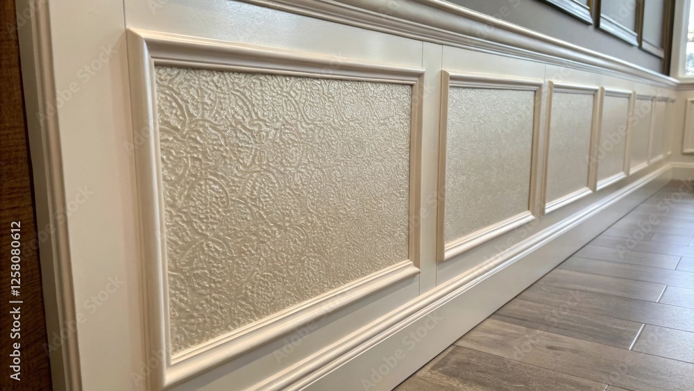 Poster A closeup of the wainscotings lower panel section showcasing a textured finish below a highgloss upper panel. This dualtone design adds elegance and visual interest.