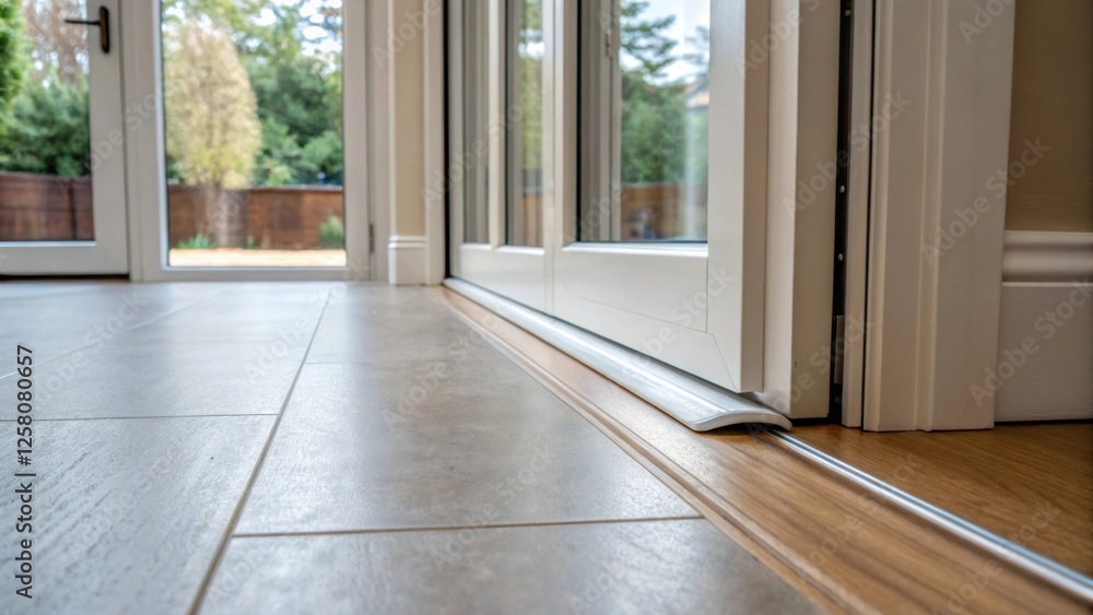 Poster a closeup of the transition between the floor and the base of the french doors showcasing the seamle