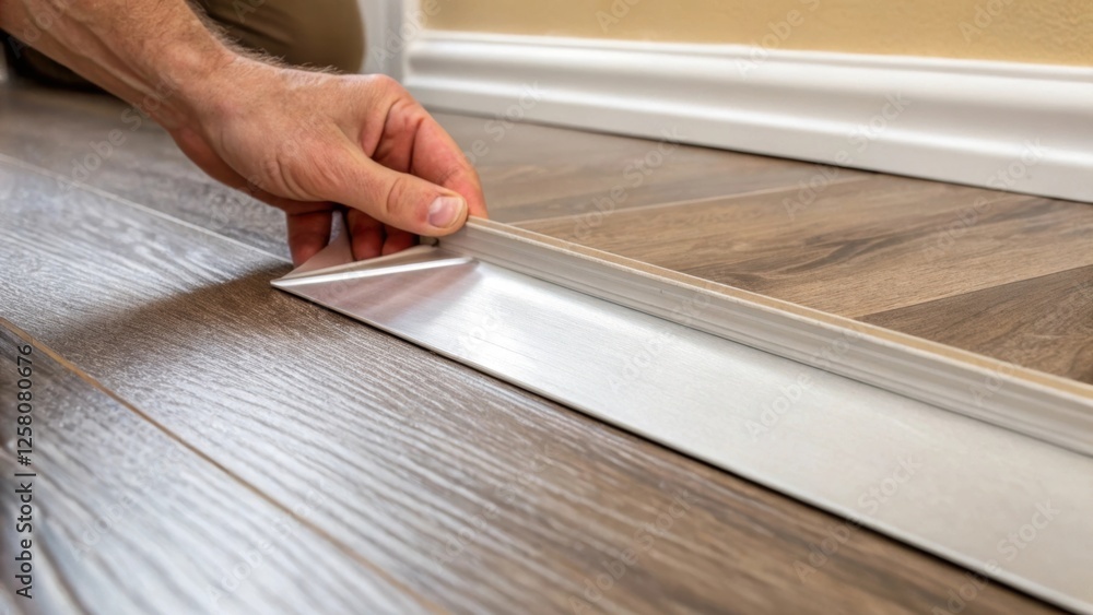 Poster a closeup of the vinyl floors edge being gently pressed into a floor mitre illustrating careful hand