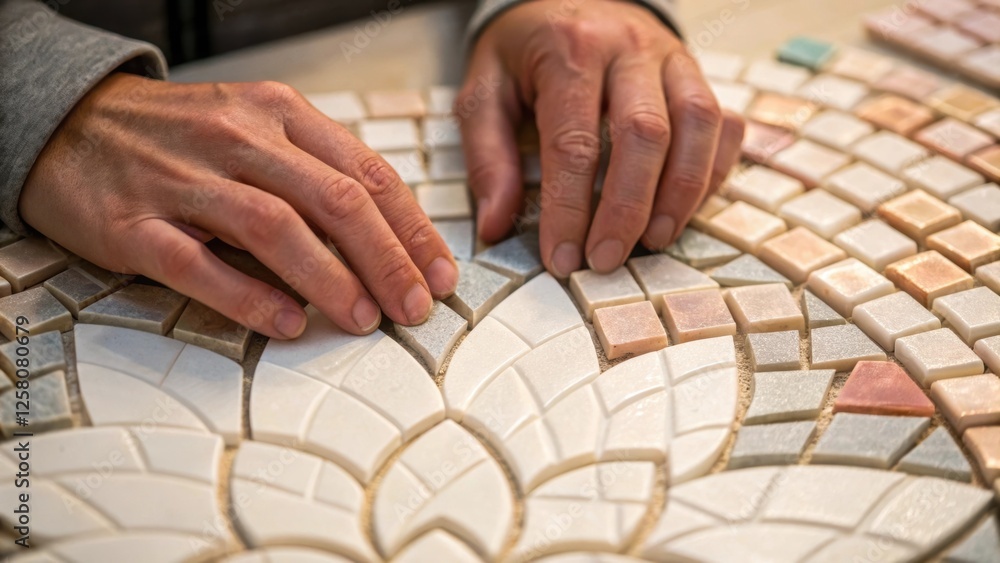 Aufkleber A closeup of two hands layering mosaic tiles capturing the intimate work of creating a unique design with subtle hues and textures.