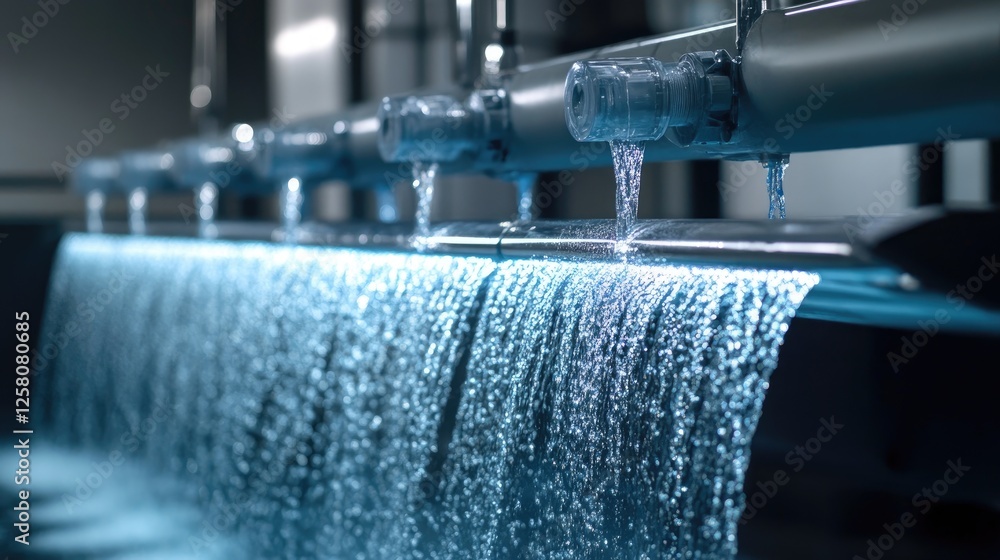 Poster A detailed view of pure water cascading through a reverse osmosis system, showcasing the clean and dynamic flow of filtered water.
