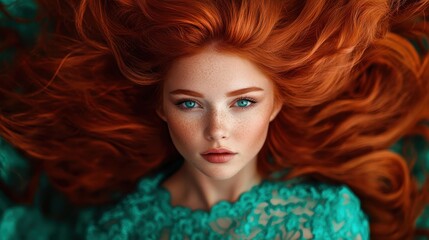 Fototapeta premium An elegant portrait of a red-haired girl dressed in a stylish cyan outfit, complemented by her striking features, displayed against a rich textured background.