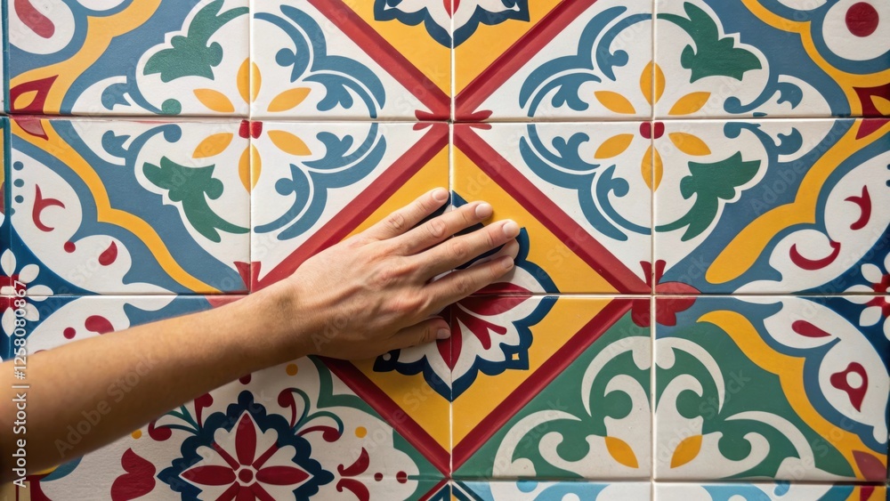 Aufkleber A closeup of vibrant tile patterns showcasing interlocking shapes with hands positioned to place another tile emphasizing the artistry of the installation.