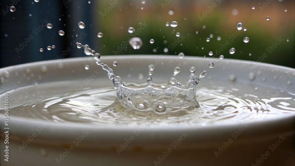 Poster A closeup of water splashing into a ceramic vessel sink droplets tering in a dynamic display illustrating the sinks practical use in everyday life.