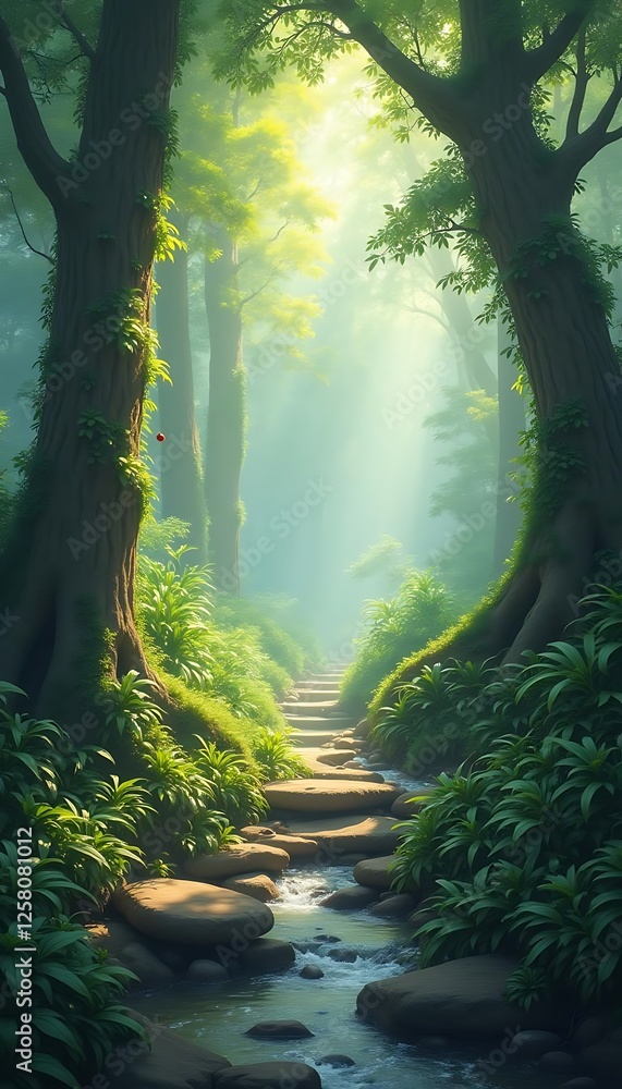 Poster generative ai , enchanted forest path with ethereal sunlight and cascading water stream