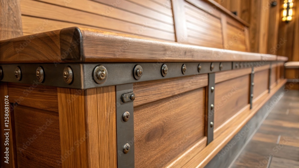 Poster a closeup on metal hardware and finishes on a builtin bench contrasting beautifully with the warm wo