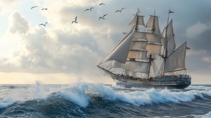 Obraz premium Tall ship sails stormy sea; birds fly overhead.
