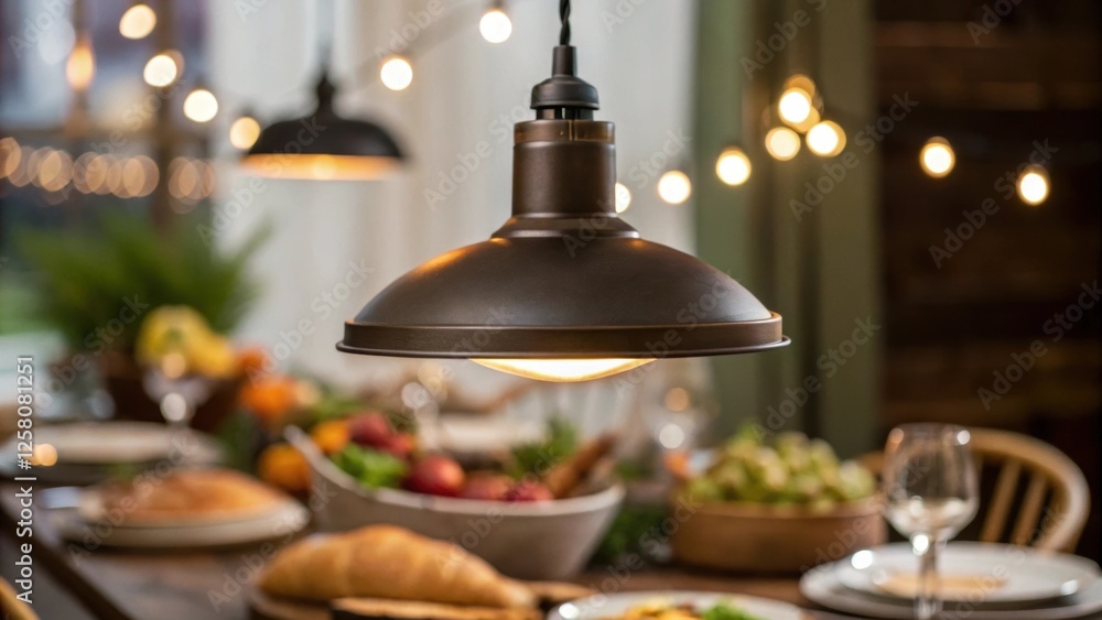 Poster A closeup shot capturing the moment a pendant light is being lowered towards the dining table with soft bokeh of edibles and utensils in the background indicating a setting for a