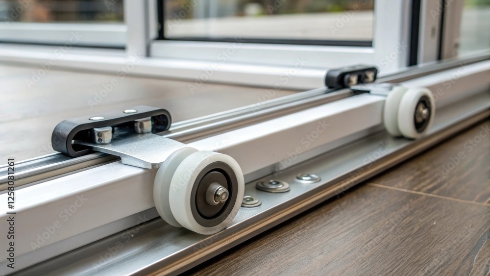 Poster a closeup shot focused on the hardware used to mount the sliding glass door emphasizing the sleek de
