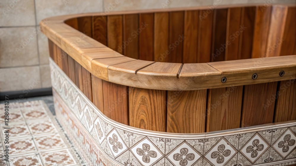 Aufkleber A closeup shot emphasizing the connection between the wooden soaking tub and vintagestyle tiles creating a harmonious blend of materials and textures.