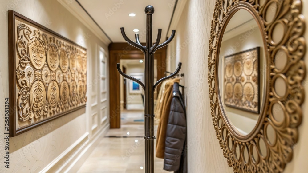 Poster A closeup shot emphasizing an elegant coat rack with a mirror integrated into its design capturing reflections of the decorative wall art surrounding the hallway.