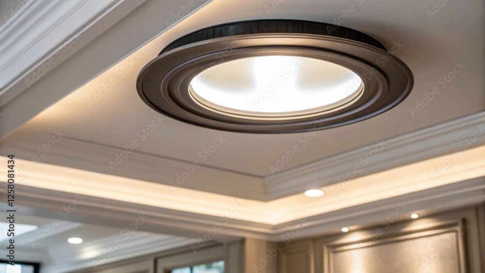 Poster A closeup shot of a recessed lights sleek bezel reflecting the surrounding neutral colors of the room while diffusing a soothing glow that brightens up the space.