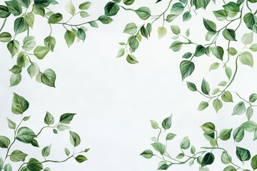 Fototapeta premium Green leafy vines border with a minimalist white background, botanical and natural theme