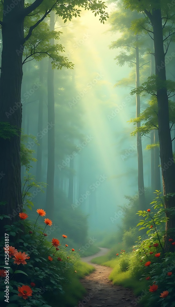 Poster generative ai image of a serene forest path with sun rays and wildflowers
