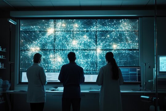 Three scientists analyze a complex network visualization displayed on a large screen in a dimly lit laboratory.