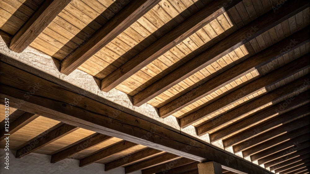 Poster A closeup that highlights the interplay of light and shadow on a series of beams revealing their unique shapes and the dynamic textures against the ceiling.