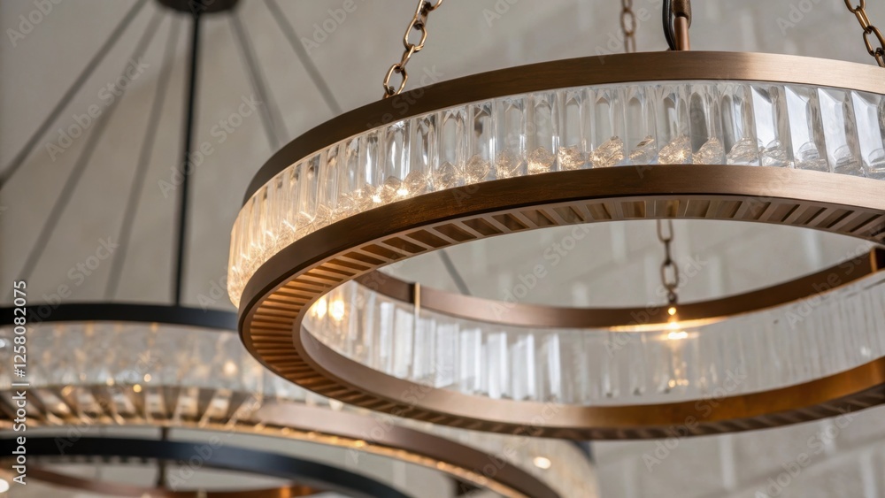 Poster a closeup showing the variety of textures and materials in the suspended light ring capturing the bl