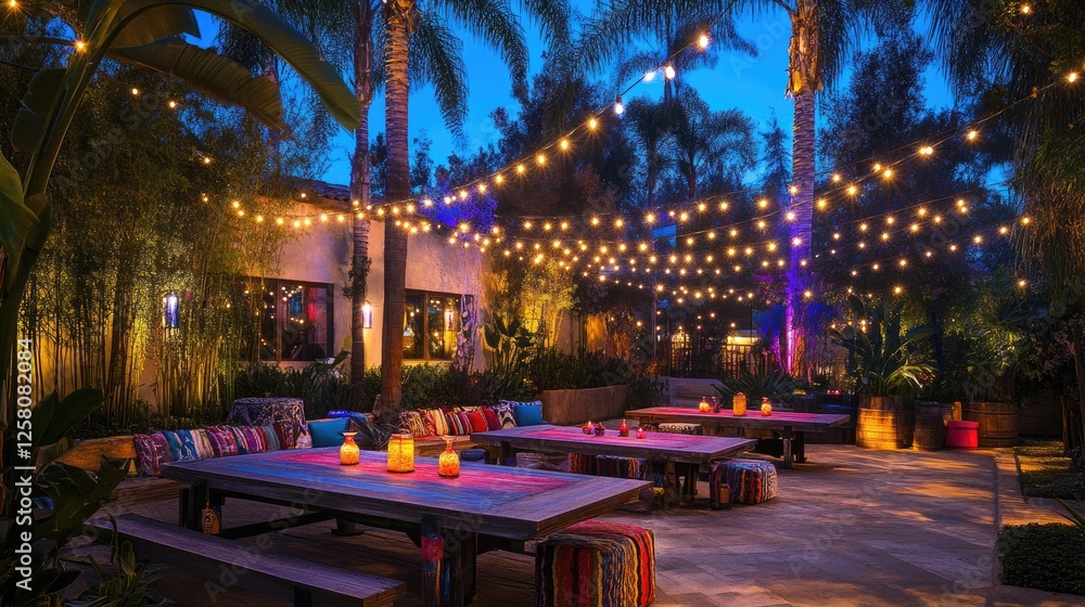 Poster a festive outdoor setting lit with colorful string lights, casting a warm, joyful glow over a gather