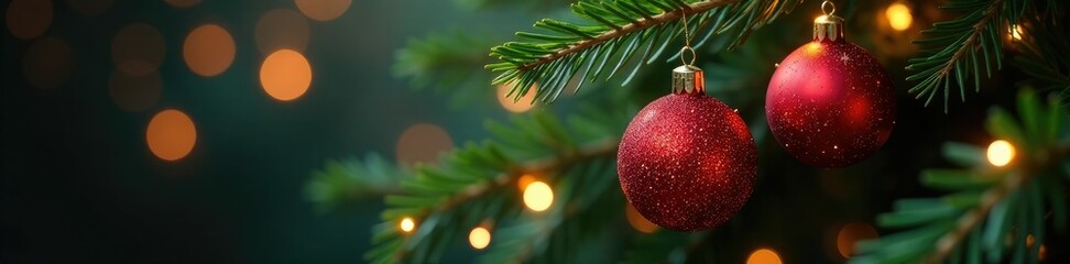 Obraz premium Glittering red ornaments hang on a Christmas tree branch, holiday cheer, holly leaves