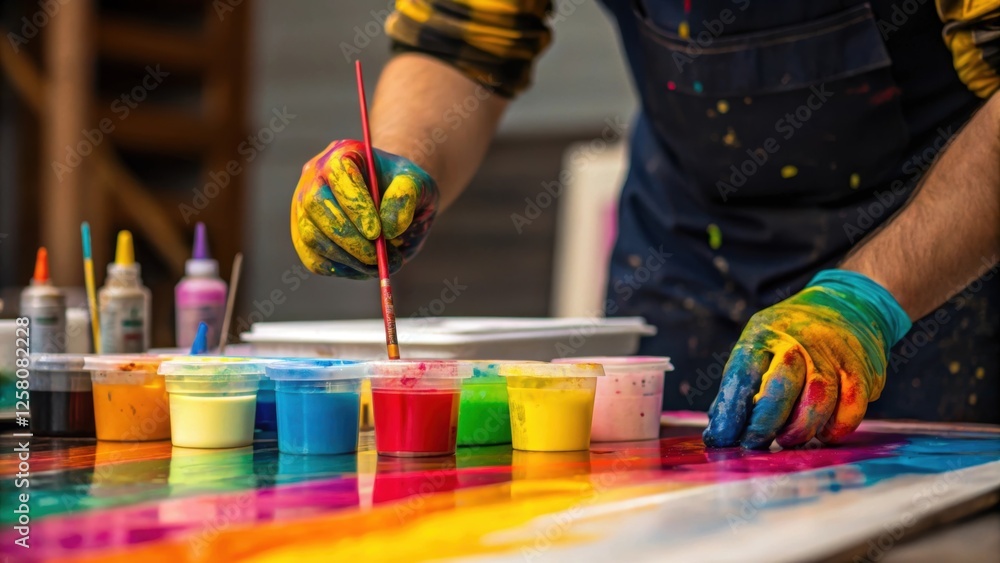 Aufkleber A closeup view of a designer artist mixing pigments into epoxy resin with splashes of color reflecting off their hands highlighting the creativity in the application process.