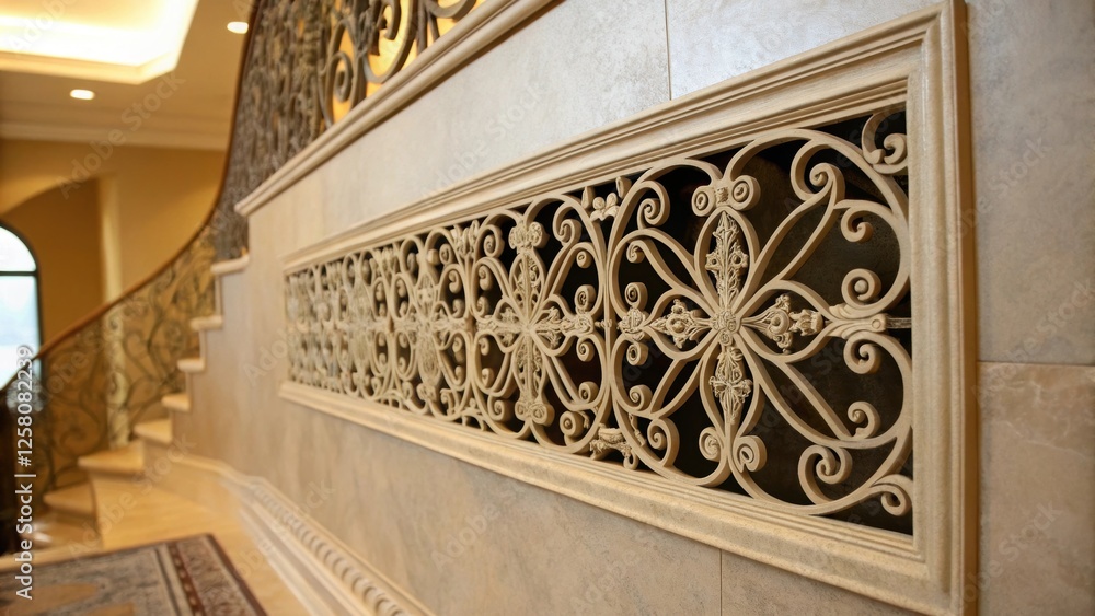Poster A closeup view of a decorative grille with a filigree design focusing on the intricate craftsmanship and how it harmonizes with muted wall colors.