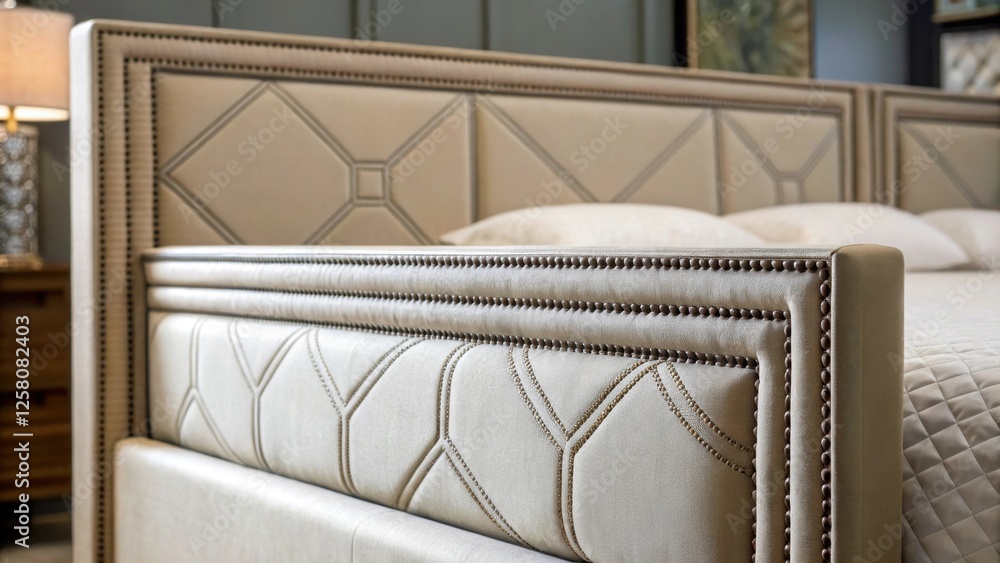 Poster a closeup view of a recessed bed frame with an upholstered headboard featuring intricate stitching a