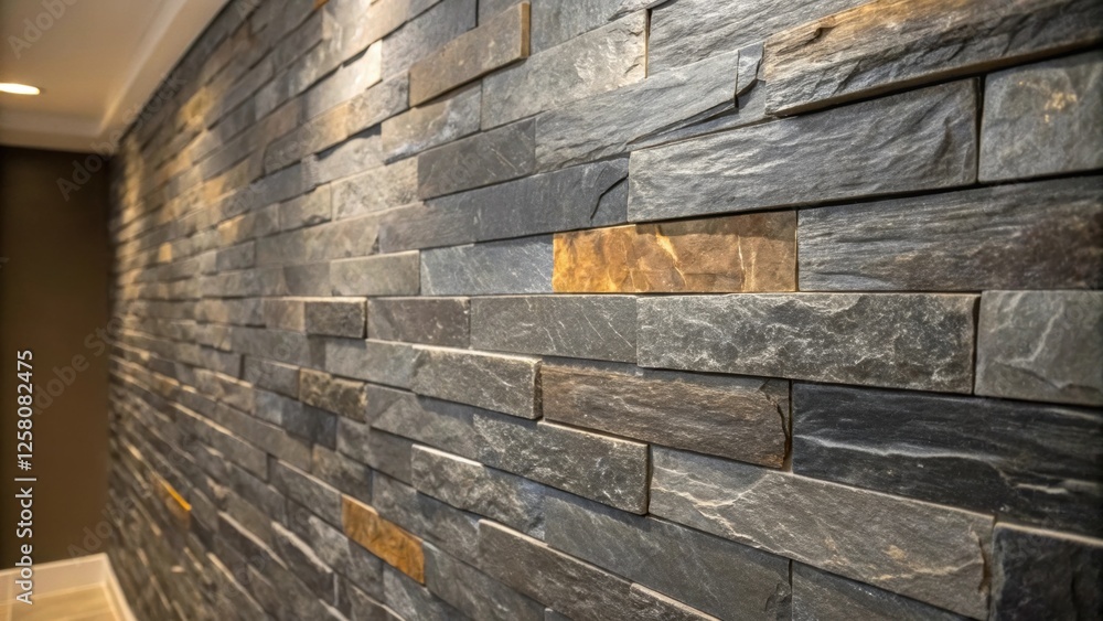 Poster A closeup view of a slate tile accent wall with rugged textures and varying tones of charcoal and deep gray offering a dramatic focal point that complements a rusticthemed