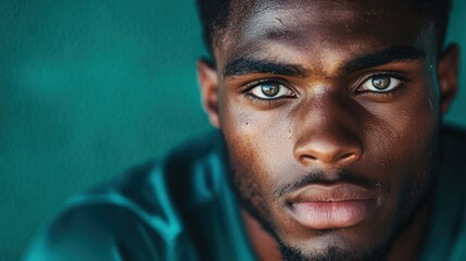 A clear, strong portrait of a young male with a determined expression, revealing calmness and strength through intricate details highlighted by soft focus and lighting.