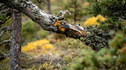 Lichen Covered Tree Branch in Autumn Forest