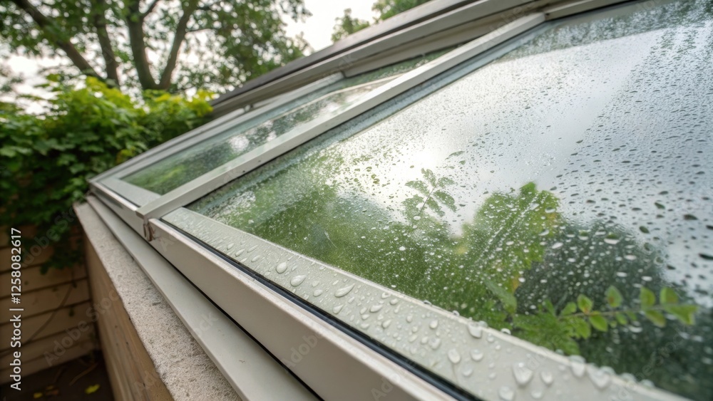 Leinwandbilder a closeup view of condensation on the glass of a closed skylight contrasting the external greenery r