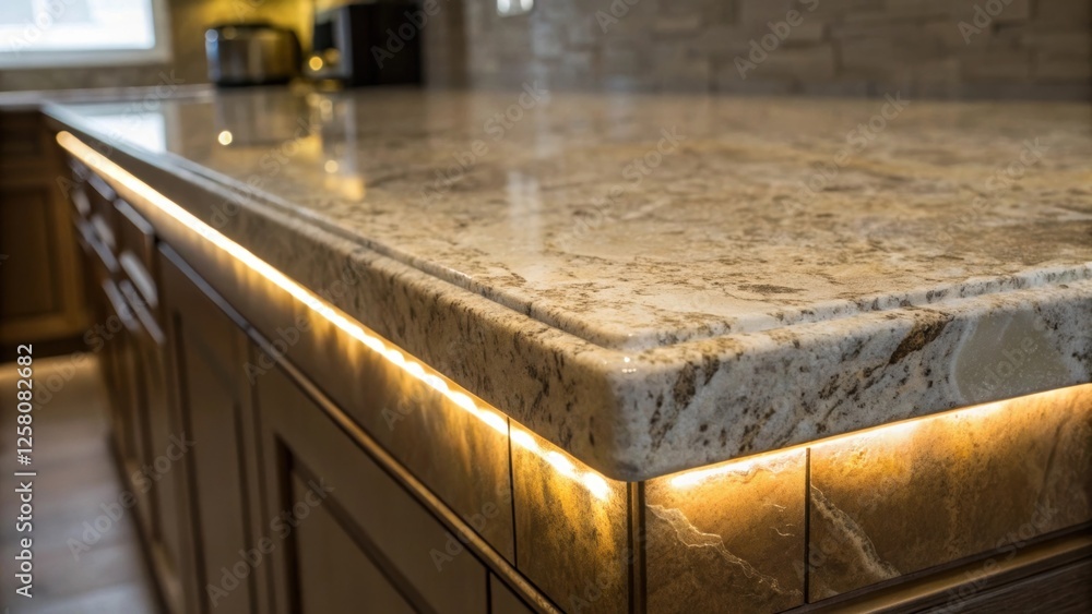 Poster A closeup view of a waterfalledge countertop illuminated by undercabinet lighting casting soft shadows and enhancing the beauty of the stones colors and patterns.