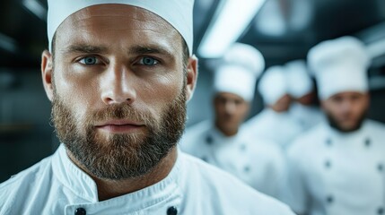 A confident chef stands at the forefront of his culinary team in a modern kitchen, exuding leadership and collaboration in a vibrant food preparation environment.